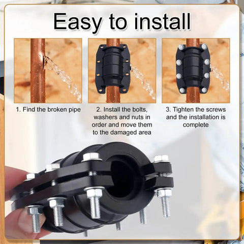 1 Inch Water Pipe Repair Clamp Kit With 8 Nuts, 8 Screws, And 16 Washers For 24mm To 26mm Plastic And Metal Pipes in use on leaking pipe