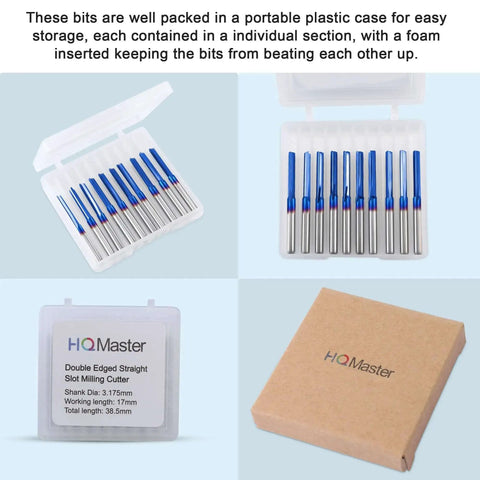 Pro Grade CNC Router Bits Straight Router Bit One Eighth Inch Shank Two Flute End Mill Cutter Ten Pack in plastic storage case