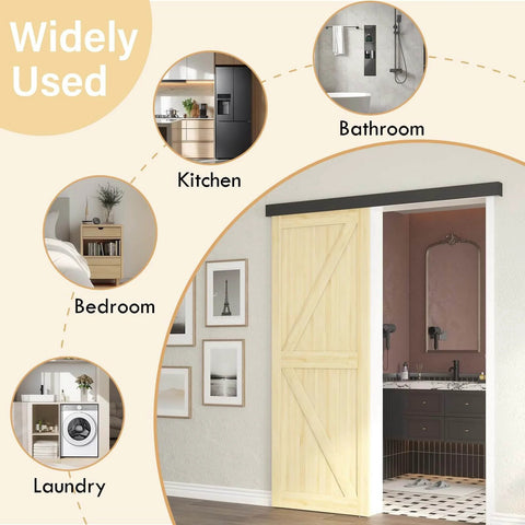 Image showing 6.6Ft Sliding Barn Door Hardware Kit With Low Clearance Aluminum Alloy Box Rail Interior Track Quiet Rollers And Shock Absorbers For A Smooth Noiseless Sliding Experience Easy To Install Black Finish For Home And Office installed in various rooms.