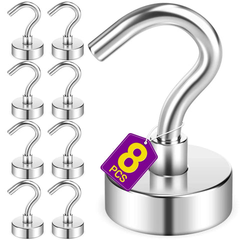 Hook magnets set of 8 with stainless steel design, featuring strong magnetic base for secure placement on metal surfaces.