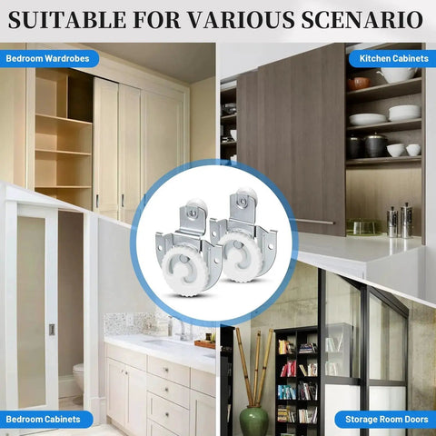 Sliding Closet Door Hardware Set 4 Pack Includes All Necessary Rollers Knobs Screws And Adjustable Hooks For Two Wood Doors Durable Galvanized Steel Construction With Round Recess Finger Pulls And Dual Floor Guide For Smooth Operation displayed in various installation scenarios, like bedroom wardrobes and kitchen cabinets.