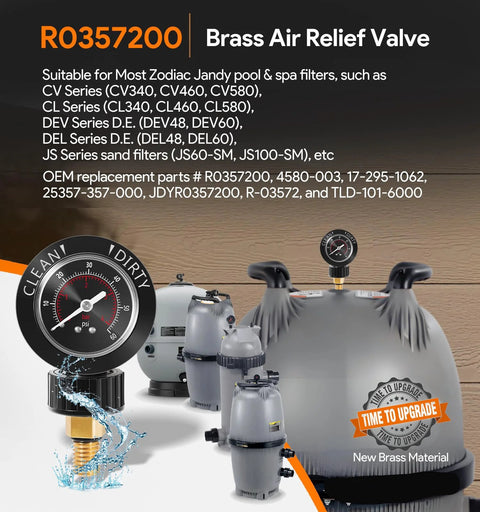 Brass air relief valve with pressure gauge (R0357200) for Zodiac/Jandy pool and spa filters; brass body with gauge.