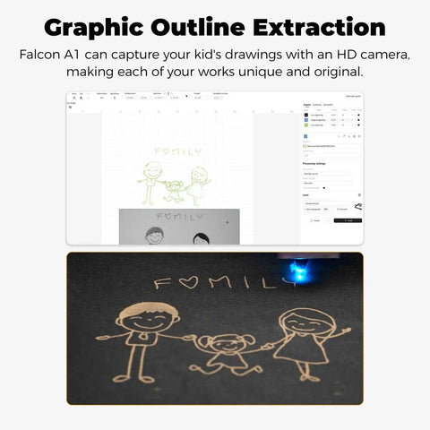 Falcon A1 10W Laser Engraver With Enclosed 80W Cutter, Air Assist, Smart Camera Positioning in use for graphic outline extraction