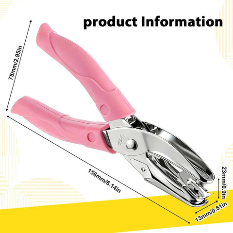 Star Shaped Hole Puncher With Soft Grip Handle Metal Single Hole Punch for crafts, showing dimensions and dope pink design.