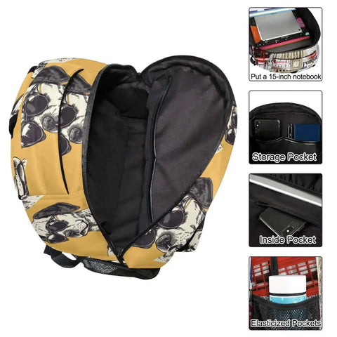 Cool Dog With Shades Backpack For School Book Bag And Travel Lightweight Waterproof Daypack With Separate Laptop Compartment Ideal For Boys And Girls Hiking Camping Work And Weekend Adventures, open view showing laptop compartment and storage pockets.