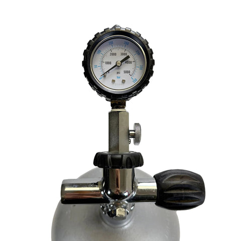 Scuba Choice DIN Tank Pressure Gauge on regulator; 0–5000 psi / 350 bar, stainless steel valve, black knob.