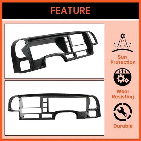 Double Din Dash Panel Bezel For 1995 1999 GMC Silverado Tahoe Suburban shown in black plastic with multiple openings.