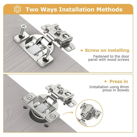 Installation methods for Fifty Piece One Half Inch Overlay Soft Close Concealed Cabinet Hinge Set For Face Frame Doors including screw and press-in options.
