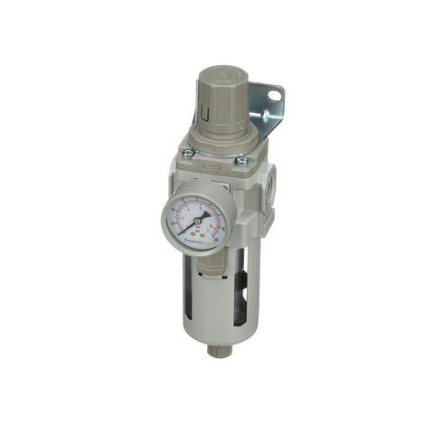 PneumaticPlus SAW400-N04BG air filter regulator piggyback with gauge, 1/2 in NPT, poly bowl, manual drain, bracket.