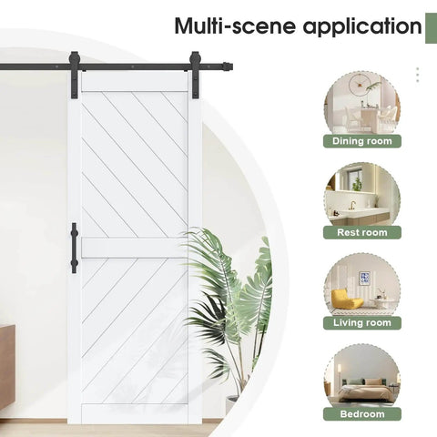 32 By 84 Inch Sliding Barn Door With Hardware Kit And Handle Included, Solid MDF Slab Covered In Waterproof And Scratch Resistant PVC, Dope DIY Ready, Chevron Pattern, Perfect For Bathrooms Bedrooms Kitchens And Laundry Rooms installed in a home setting.
