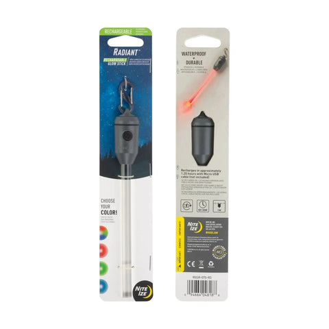 Front view of Nite Ize Radiant Rechargeable LED Glow Stick with Disc-O Select; gray body, carabiner clip.