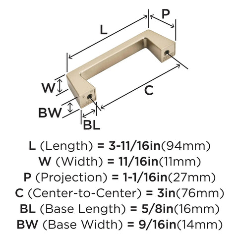 Diagram of Champagne Bronze Cabinet Pull Blackrock Finish, 3 Inch Center To Center, Overall Length About 3.69 Inches, Transitional Style