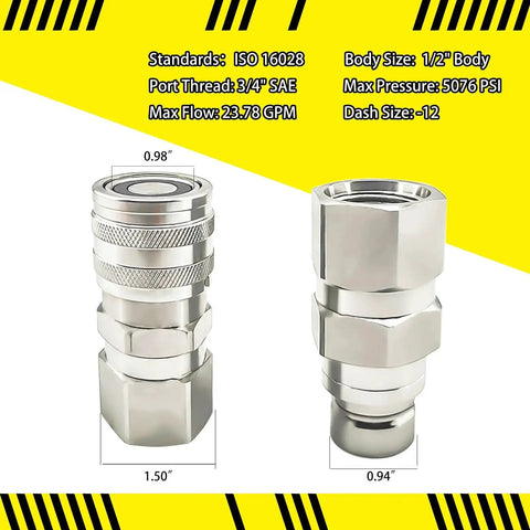 Flat Face Hydraulic Quick Connect Coupler Set With SAE Thread for Skid Steer Loaders, heavy-duty carbon steel, 1/2 inch body, dust cap