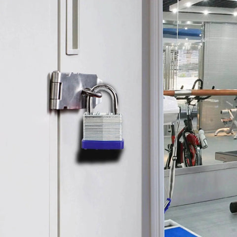 Trinity Keyed-Alike Padlocks Outdoor Heavy Duty Laminated Steel Body 1-9/16 Inch Shackle 40mm on locker in gym setting