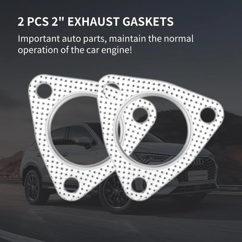 Two 2-inch exhaust gasket set with three-bolt flanges and perforated metal surface, automotive parts