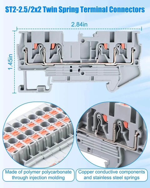 Twin Spring Din Rail Terminal Block Kit With Push In Screwless Wires 2x2 Pole Block Easy Clamp Wiring System close-up view