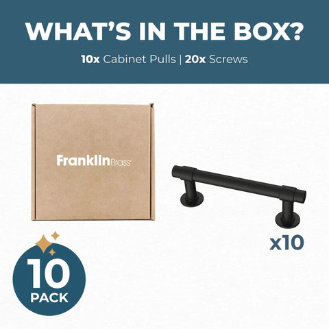 Francisco 10 Pack Cabinet Pulls 3 Inch Center To Center Matte Black Handles with box and screws displayed.