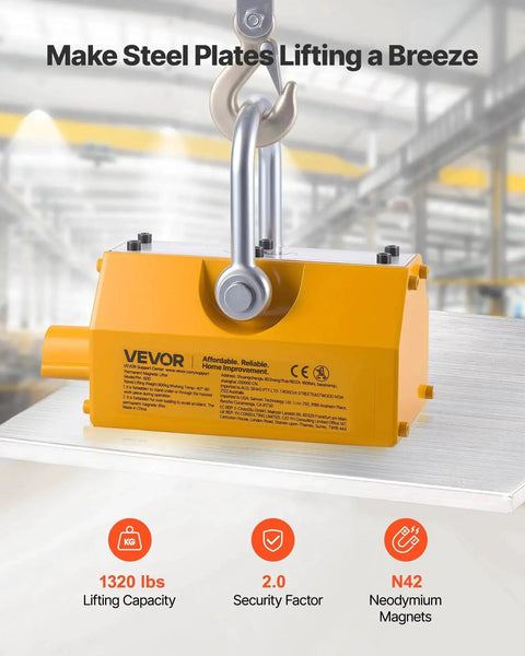 Image of Permanent Magnetic Lifter N42 Neodymium 1320 Lb Capacity with release handle lifting a steel plate in a workshop.