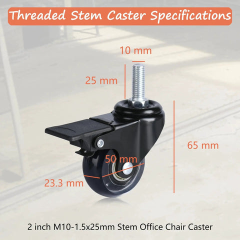 Office Chair Caster Wheels Set Of 4 M10 x 25mm Threaded Swivel Casters with Brake for Hard Floors, side view with specifications