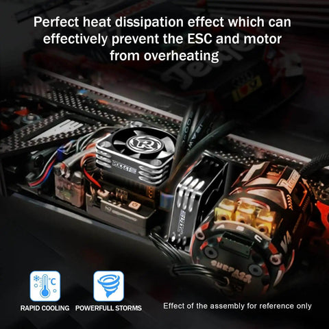 30mm RC Cooling Fan For ESC And Brushless Motors Up To 28000 RPM installed on a scale RC car, black silver finish, high airflow.