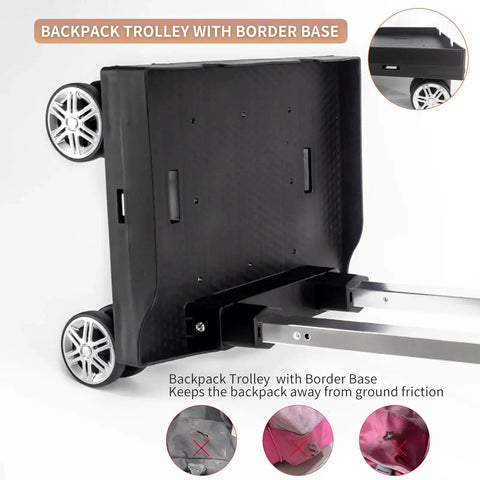 Foldable Aluminium Alloy Wheeled Backpack Trolley with Edge Guard Base showcasing four spinner wheels and reinforced border base.