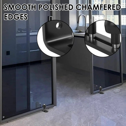 6 Pack Sliding Barn Door Floor Guide Heavy Duty Carbon Steel Adjustable Roller Bottom Guide For Double Barn Doors Easy Install Hardware Kit With Screws For Bathroom Kitchen Closet Bedroom installed on floor near glass doors.