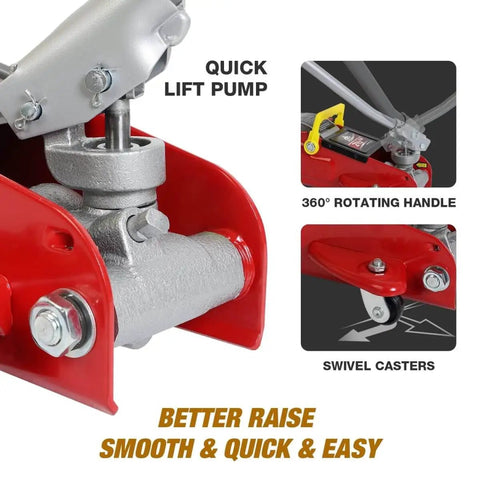 Components of Floor Jack 2.5 Ton Hydraulic Low Profile Trolley Car Jack With Portable Storage Case And Lifting Range 3.5 To 14 Inches 360 Degree Swivel Casters Heavy Duty Steel Built Tough For Automotive Sedans Red