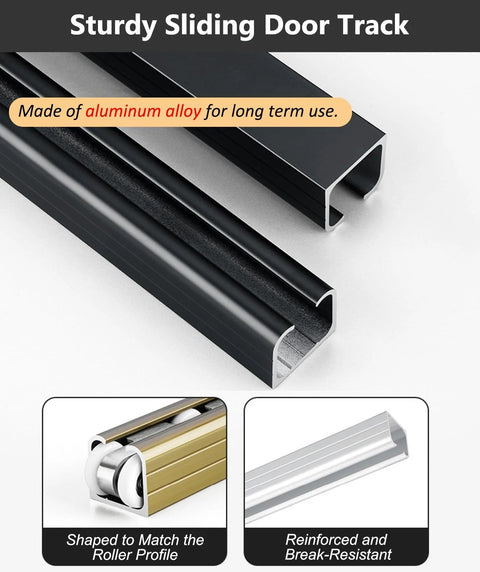 Close-up of Ceiling Mounted Sliding Door Track Kit With Bypass Pocket Hardware, 6 Wheel Set, Heavy Duty Aluminum 1.85mm, Black Finish