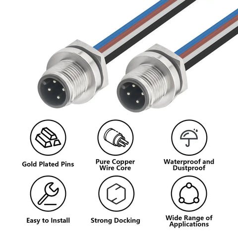 Close-up of IP67 M12 4 Pin A Coded Male Connector Cable with rear bulkhead, showcasing waterproof design and gold-plated pins