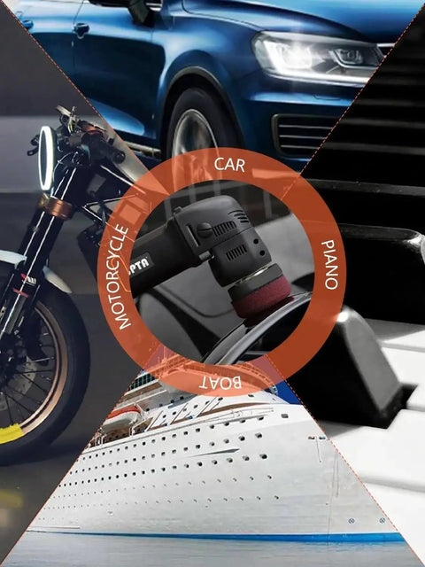 Motorcycle, car, boat, and piano with Compact 3 Inch Orbital Polisher With 10mm Orbit 780W Variable Speed Dual Action Ergonomic Grip visible.