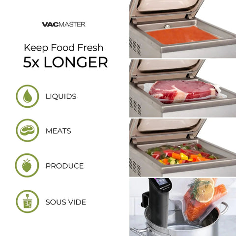 VacMaster VP230 chamber vacuum sealer, kitchen appliance; four panels show liquids, meats, produce, and a sous‑vide setup.