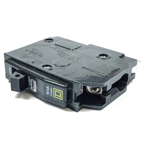 QOB120 Bolt-On 20 Amp 1 Pole Circuit Breaker for 120/240V systems, 10kA, black finish, side view showing bolt and label details