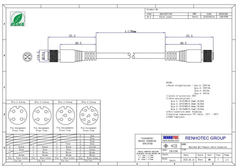 Technical drawing of M12 A Code 5 Pin Female to Female Cable, Double Ended, 1 Meter Length for industrial automation use.