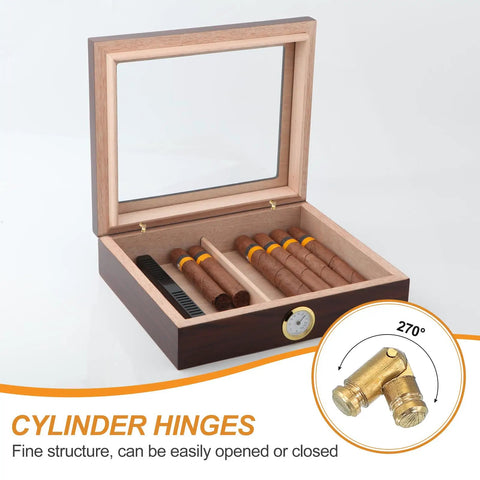 Brass Hidden Cylinder Hinges 15 x 4 mm installed in a wooden cigar box, demonstrating 270 degree folding function.