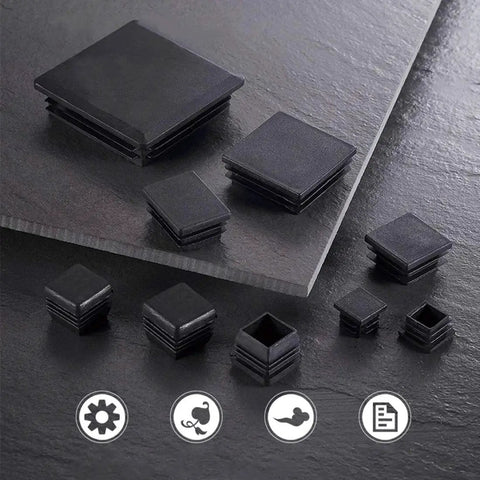 12 Pack 19mm Square Plastic Plugs End Caps For Square Tubing Black 19mm X 19mm Fit For Tubing With Inside Diameter 0.50 To 0.69 Inches Three Quarter Inch Durable Replacement Seals For DIY Furniture Projects displayed on slate surface.