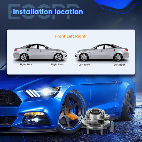 Installation diagram with car positions for Beefed Up Front Wheel Bearing Hub Assembly 5 Lug With ABS Replacement