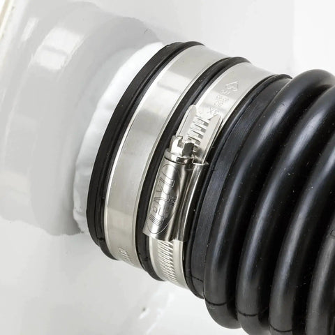 316L Stainless Steel Worm Gear Hose Clamp securing hose, close-up view, 0.87 to 1.18 inches, heavy duty corrosion-resistant, riveted screw cage.