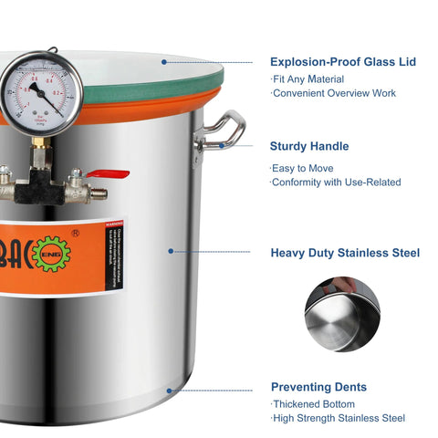BACOENG 5-gallon stainless steel vacuum chamber with tempered glass lid, gauge, valve, and handle