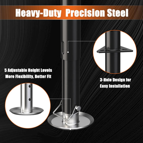 A-frame trailer jack, 5000 lb lift, black steel post with silver base, 3-hole flange, 5 height levels.