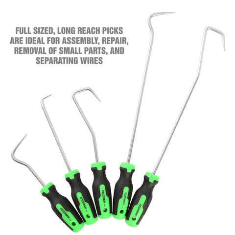 Image of 5 Piece Hose Removal Set For Radiator And Coolant Lines With Cotter Pin Tool, featuring green and black handled picks.