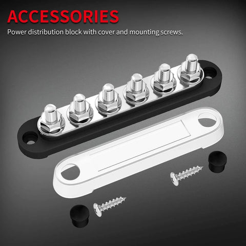 12V Battery Bus Bar Power Distribution Block With 6 M8 Terminal Studs, Positive And Negative Terminal Blocks, Includes Cover