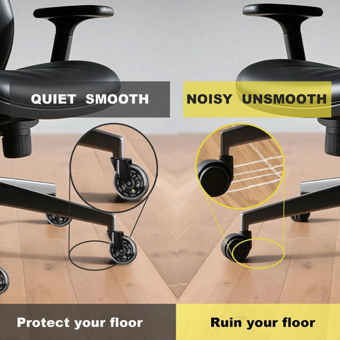 Heavy Duty Rubber Chair Wheels Replacement Set Of 5 For Hardwood Floors And Carpet visible on office chairs showing quiet rolling