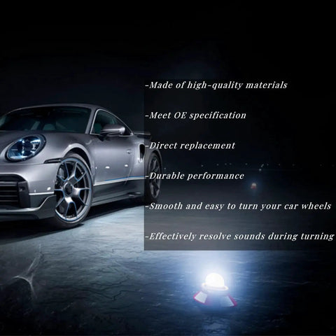 Silver car parked on a dark street with text overlay describing steering shaft features.