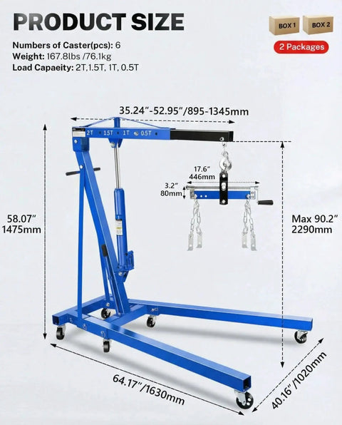 Blue 2-ton hydraulic engine hoist with lever, folding cherry picker on wheeled base with 6 locking wheels and 4 boom positions