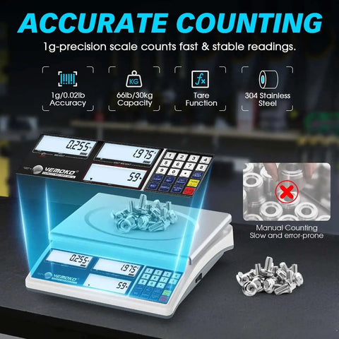 Pro Grade Industrial Counting Scale For Small Parts With 30 Kg And 66 Lb Capacity, 1G Precision, Switchable Units, triple screen display