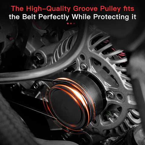 Close-up view of a groove pulley on a new alternator for 2012-2017 Hyundai Accent and Veloster, also fits Kia Rio 2012-2013.