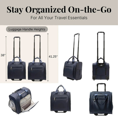 Ultra Lightweight 2 Wheel Underseater Carry On Luggage For Air Travel And Weekender Getaways With Telescoping Handle, front and side views.