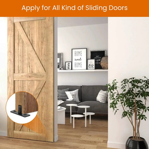 Bottom Mount Barn Door Floor Guide Two Pack T Shape Matte Black Roller Guides installed with wooden sliding door