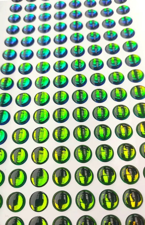 Gradient Green 3D Holographic Fish Eyes For Fishing Jigs And Soft Lure Making, Sizes 4Mm To 10Mm, Realistic Depth Look To Up Your Lure Game, Vibrant Iridescent Finish, Includes 8Mm Pack Of 96 on adhesive sheet
