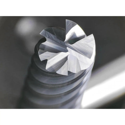 Close-up of Carbide End Mill 6 Flute Square Milling Cutter With 50 Degree High Helix For High Hardness Steel Finishing Balzers PVD Coated